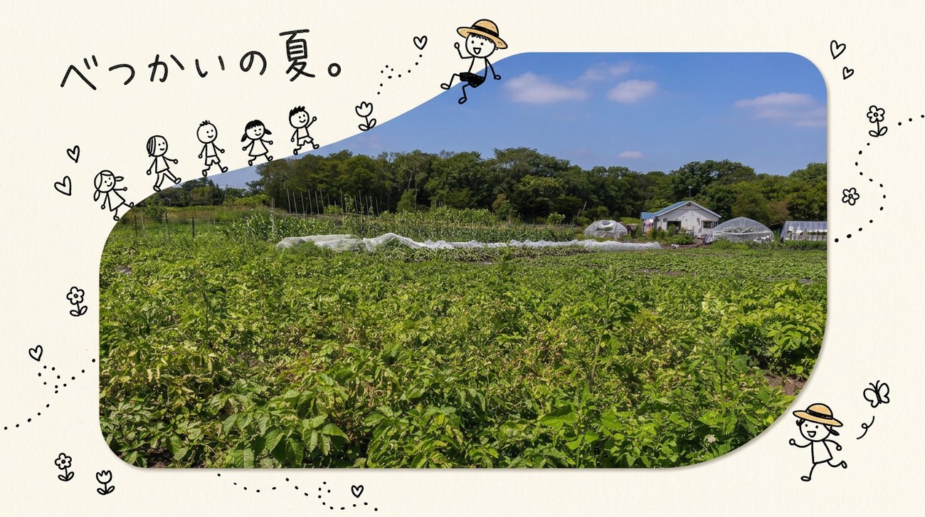夏の畑の写真のふちを、らくがきの子どもたちが散歩するコラージュ